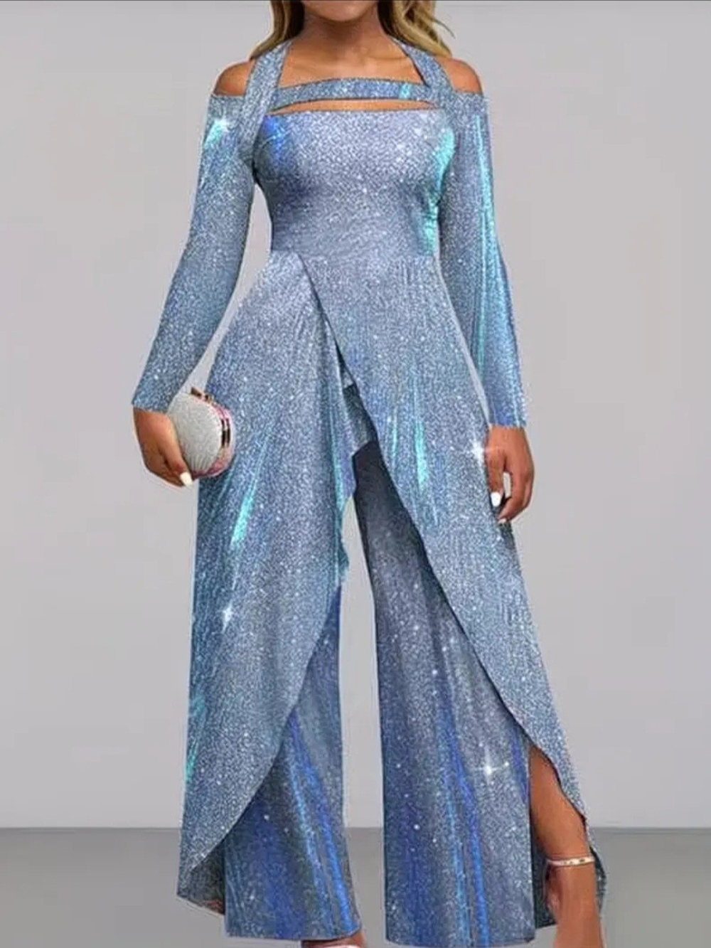 Sparkle Off-Shoulder Wide-Leg Jumpsuit - Blue